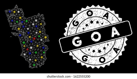 Bright mesh Goa State map with glow effect, and seal. Wire carcass triangular Goa State map mesh in vector format on a black background. White round rubber seal with corroded surface.
