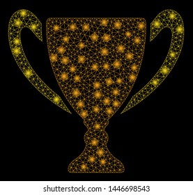 Bright mesh goblet cup with glare effect. Abstract illuminated model of goblet cup icon. Shiny wire carcass triangular network goblet cup abstraction in vector format on a black background.