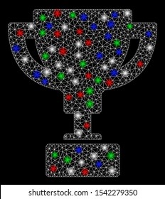Bright mesh gold cup with glow effect. White wire frame polygonal network in vector format on a black background. Abstract 2d mesh designed with polygonal grid, small circle, colorful flash spots.