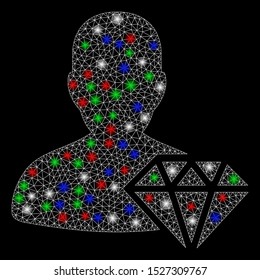 Bright mesh goldsmith with glare effect. White wire carcass polygonal mesh in vector format on a black background. Abstract 2d mesh designed with polygonal grid, dots, colorful flare spots.