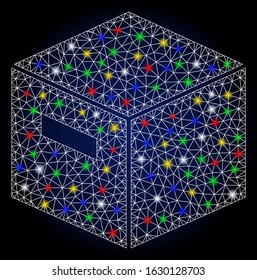Bright mesh goods box with glitter effect. Abstract illuminated model of goods box. Shiny wire carcass triangular mesh goods box icon. Vector abstraction on a dark blue gradient background.