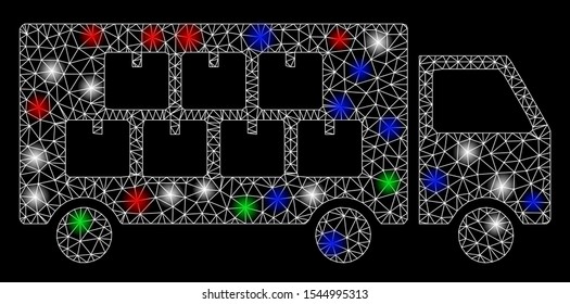 Bright mesh goods transportation truck with lightspot effect. White wire carcass polygonal mesh in vector format on a black background. Abstract 2d mesh created from polygonal grid, points,