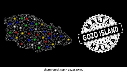 Bright mesh Gozo Island map with glow effect, and watermark. Wire carcass triangular Gozo Island map mesh in vector format on a black background. White round watermark with distress texture.