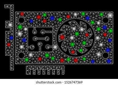 Bright mesh GPU accelerator card with glare effect. White wire frame triangular mesh in vector format on a black background. Abstract 2d mesh designed with polygonal grid, points, colored glare spots.