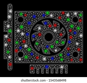Bright mesh GPU card with glow effect. White wire carcass triangular mesh in vector format on a black background. Abstract 2d mesh designed with polygonal grid, dots, colorful flash spots.
