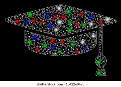 Bright mesh graduation cap with glare effect. White wire frame polygonal mesh in vector format on a black background. Abstract 2d mesh designed with triangular lines, round dots, colorful flash spots.