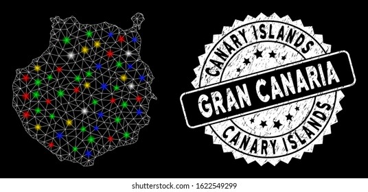 Bright mesh Gran Canaria map with glare effect, and seal. Wire frame polygonal Gran Canaria map mesh in vector format on a black background. White round stamp with scratched textures.