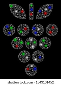 Bright mesh grapes with glare effect. White wire frame polygonal mesh in vector format on a black background. Abstract 2d mesh built from polygonal grid, points, colorful flare spots.