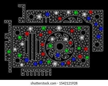 Bright mesh graphic accelerator cards with glow effect. White wire frame triangular mesh in vector format on a black background. Abstract 2d mesh designed with triangular lines, spheric points,