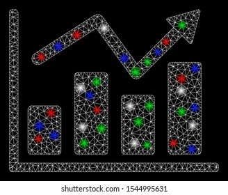 Bright mesh graphs with lightspot effect. White wire carcass triangular mesh in vector format on a black background. Abstract 2d mesh created from triangular lines, spheric points,