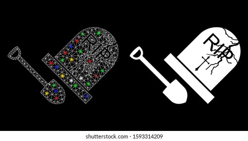 Bright mesh grave exhumation icon with glitter effect. Abstract illuminated model of grave exhumation. Shiny wire carcass polygonal network grave exhumation icon.