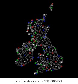 Bright mesh Great Britain and Ireland map with glare effect. Wire frame triangular mesh in vector format on a black background. Abstract 2d mesh designed with triangular lines, dots,