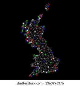 Bright mesh Great Britain map with glow effect. Wire carcass triangular mesh in vector format on a black background. Abstract 2d mesh designed with triangular lines, small circle, colored flare spots.