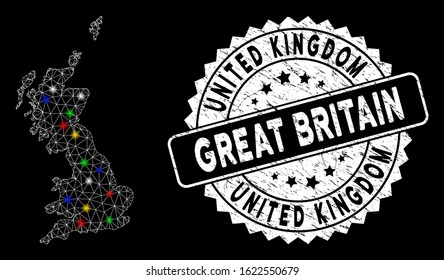 Bright mesh Great Britain map with glow effect, and seal. Wire frame polygonal Great Britain map mesh in vector format on a black background. White round rubber seal with scratched surface.