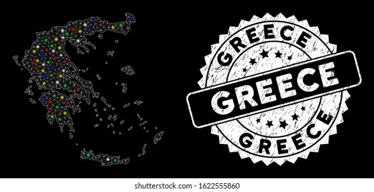 Bright mesh Greece map with glare effect, and seal. Wire carcass triangular Greece map mesh in vector format on a black background. White round rubber seal with rubber textures.