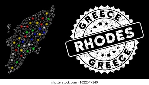 Bright mesh Greek Rhodes Island map with glow effect, and rubber print. Wire carcass polygonal Greek Rhodes Island map mesh in vector format on a black background.