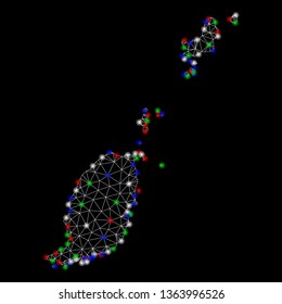 Bright mesh Grenada map with glare effect. Wire frame triangular network in vector format on a black background. Abstract 2d mesh designed with triangular lines, dots, colorful glare spots.