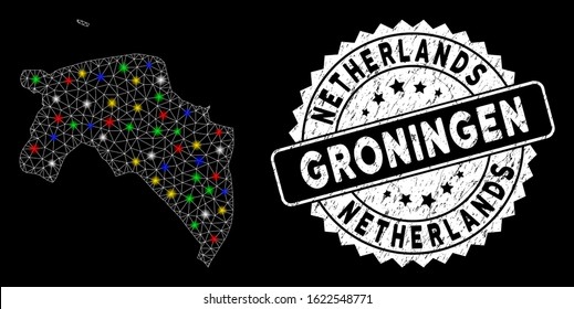Bright mesh Groningen Province map with lightspot effect, and seal stamp. Wire carcass triangular Groningen Province map network in vector format on a black background.