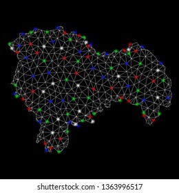 Bright mesh Guadalajara Province map with glare effect. Wire frame polygonal network in vector format on a black background. Abstract 2d mesh designed with polygonal grid, dots, colorful flare spots.