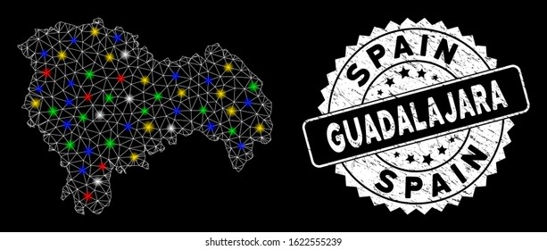 Bright mesh Guadalajara Province map with glow effect, and stamp. Wire frame polygonal Guadalajara Province map mesh in vector format on a black background.