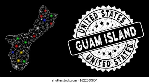 Bright mesh Guam Island map with lightspot effect, and seal stamp. Wire carcass polygonal Guam Island map mesh in vector format on a black background. White round rubber stamp with scratched surface.