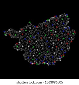 Bright mesh Guangxi Zhuang Region map with glare effect. Wire carcass polygonal mesh in vector format on a black background. Abstract 2d mesh created from triangular lines, points,