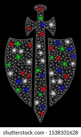 Bright mesh guard with glare effect. White wire frame triangular mesh in vector format on a black background. Abstract 2d mesh designed with triangular lines, spheric points, colored flare spots.