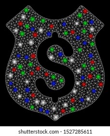 Bright mesh guard price with glare effect. White wire frame triangular mesh in vector format on a black background. Abstract 2d mesh designed with polygonal grid, dots, colorful flash spots.