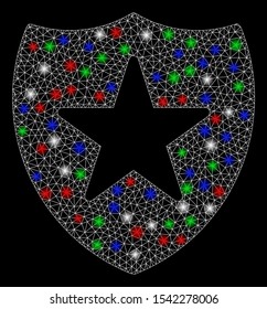 Bright mesh guard shield with glow effect. White wire carcass polygonal mesh in vector format on a black background. Abstract 2d mesh designed with polygonal grid, dots, colorful flash spots.