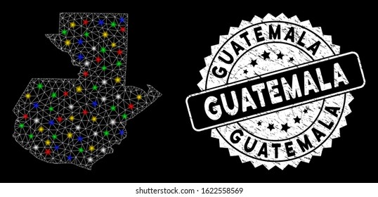 Bright mesh Guatemala map with glare effect, and watermark. Wire carcass polygonal Guatemala map mesh in vector format on a black background. White round rubber stamp with distress surface.