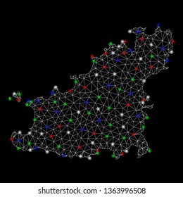 Bright mesh Guernsey Island map with lightspot effect. Wire carcass polygonal mesh in vector format on a black background. Abstract 2d mesh designed with polygonal grid, dots, colorful glare spots.