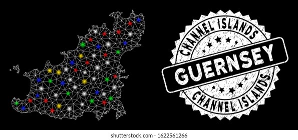 Bright mesh Guernsey Island map with lightspot effect, and seal stamp. Wire carcass triangular Guernsey Island map mesh in vector format on a black background.