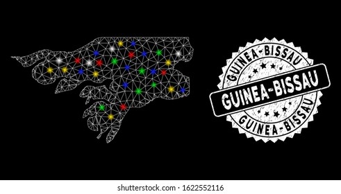 Bright mesh Guinea-Bissau map with lightspot effect, and stamp. Wire frame triangular Guinea-Bissau map mesh in vector format on a black background. White round rubber stamp with distress texture.