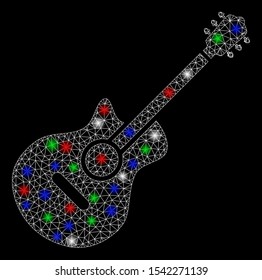 Bright mesh guitar with glare effect. White wire frame polygonal mesh in vector format on a black background. Abstract 2d mesh designed with polygonal grid, spheric points, colorful glare spots.