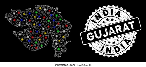 Bright mesh Gujarat State map with lightspot effect, and rubber print. Wire carcass polygonal Gujarat State map mesh in vector format on a black background.