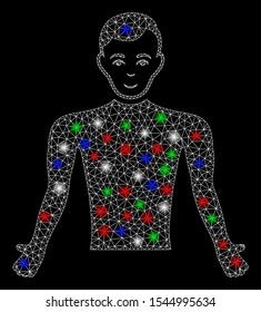Bright mesh guy body with glow effect. White wire frame polygonal mesh in vector format on a black background. Abstract 2d mesh designed with polygonal grid, round dots, colorful flare spots.