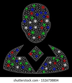 Bright mesh guy with glare effect. White wire frame polygonal mesh in vector format on a black background. Abstract 2d mesh built from polygonal grid, points, colorful glare spots.