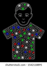 Bright mesh guy with glare effect. White wire frame polygonal mesh in vector format on a black background. Abstract 2d mesh designed with triangular lines, spheric points, colored glare spots.