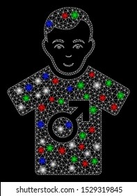 Bright mesh guy with glow effect. White wire frame polygonal mesh in vector format on a black background. Abstract 2d mesh designed with triangular lines, small circle, colored flash spots.