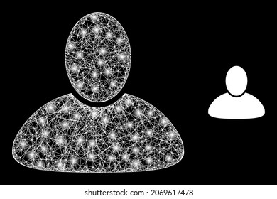 Bright mesh guy with glowing spots. Linear frame flat mesh generated with intersected white lines and guy icon. White mesh and sparkle carcass mesh guy on a black background.
