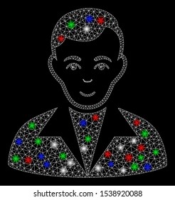 Bright mesh guy with lightspot effect. White wire frame polygonal network in vector format on a black background. Abstract 2d mesh designed with polygonal grid, dots, colorful flare spots.