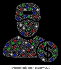 Bright mesh guy salary with glare effect. White wire frame triangular mesh in vector format on a black background. Abstract 2d mesh designed with triangular lines, spheric points, colored glare spots.