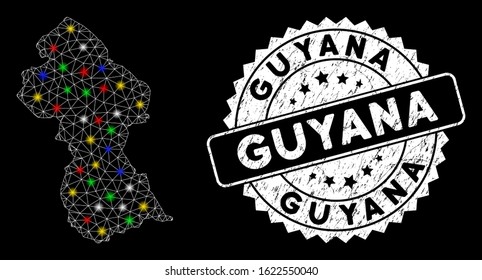Bright mesh Guyana map with glare effect, and stamp. Wire carcass triangular Guyana map mesh in vector format on a black background. White round rubber stamp with scratched surface.