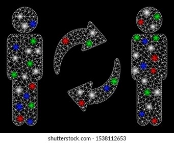 Bright mesh guys exchange arrows with glow effect. White wire carcass polygonal mesh in vector format on a black background. Abstract 2d mesh designed with polygonal grid, dots, colored light spots.