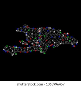 Bright mesh Haiti and Dominican Republic map with glare effect. Wire carcass polygonal mesh in vector format on a black background. Abstract 2d mesh designed with polygonal grid, round dots,
