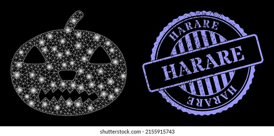 Bright mesh halloween pumpkin with glowing spots, and Harare blue round rubber stamp. Vector constellation generated from halloween pumpkin icon. Glowing carcass mesh halloween pumpkin.