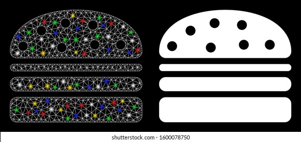 Bright mesh hamburger icon with lightspot effect. Abstract illuminated model of hamburger. Shiny wire carcass triangular mesh hamburger icon. Vector abstraction on a black background.