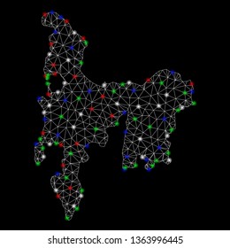 Bright mesh Hamilton Island map with glare effect. Wire carcass triangular mesh in vector format on a black background. Abstract 2d mesh designed with triangular lines, round dots,
