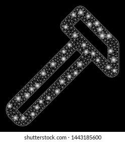 Bright mesh hammer with glare effect. Abstract illuminated model of hammer icon. Shiny wire carcass triangular mesh hammer. Vector abstraction on a black background.