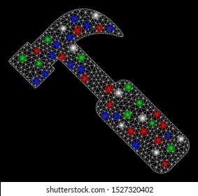 Bright mesh hammer with glare effect. White wire carcass polygonal network in vector format on a black background. Abstract 2d mesh designed with triangular lines, spheric points,